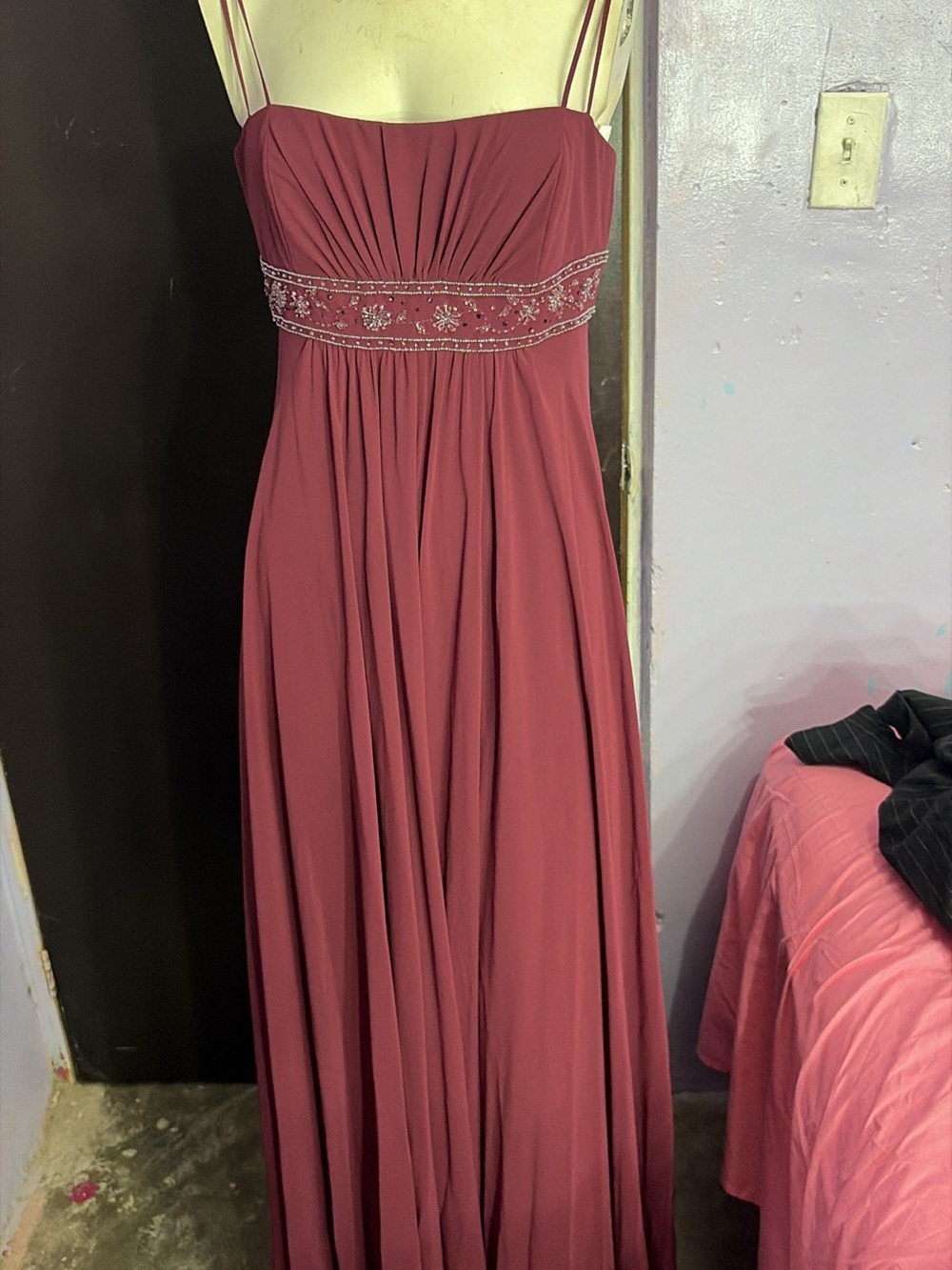 David's Bridal Rose-Mauve Beaded Empire Prom Dress